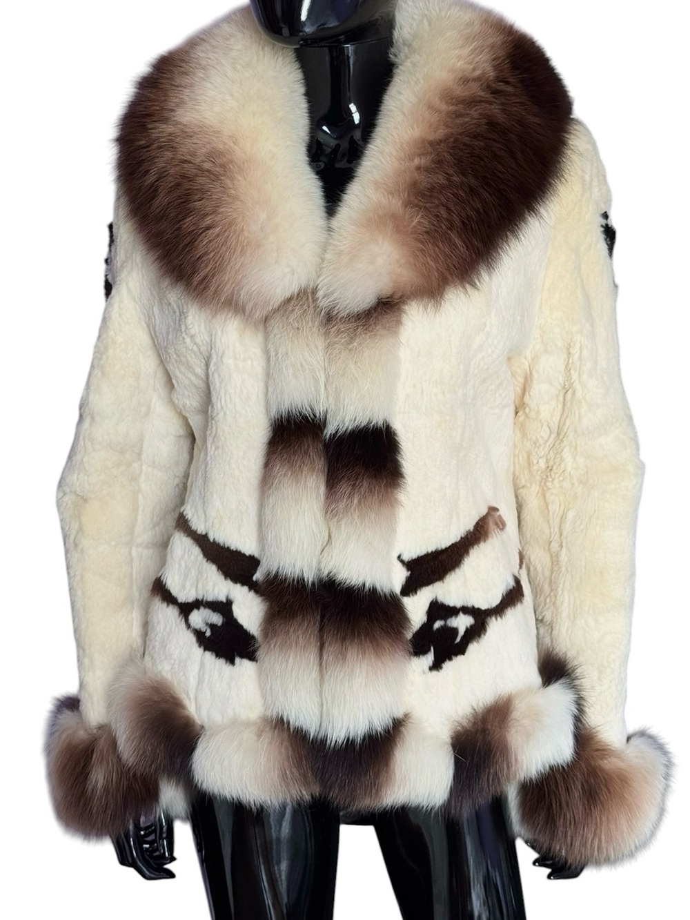 Luxury Cream sheered rabbit  and ombré fox fur Brown Fur Coat Women's Jacket
